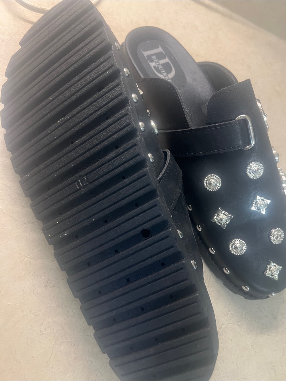 Black Studded Slip-On Clogs with Silver Embellishments - Picture 6 of 7